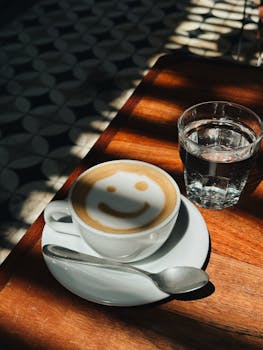 A cappuccino with smiley face latte art on a wooden table in natural light.