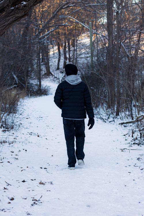 Free Man walking on a snowy path in a Toronto park, winter scene. Stock Photo