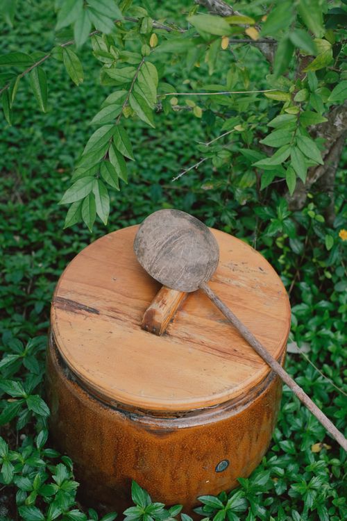 Free A wooden lid with a rustic ladle placed outdoors amidst vibrant green foliage. Stock Photo