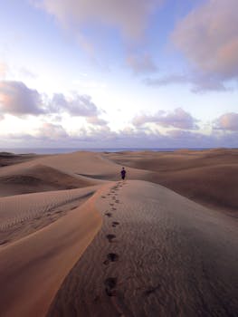 A lone figure walks through stunning desert dunes under a colorful sunset sky.