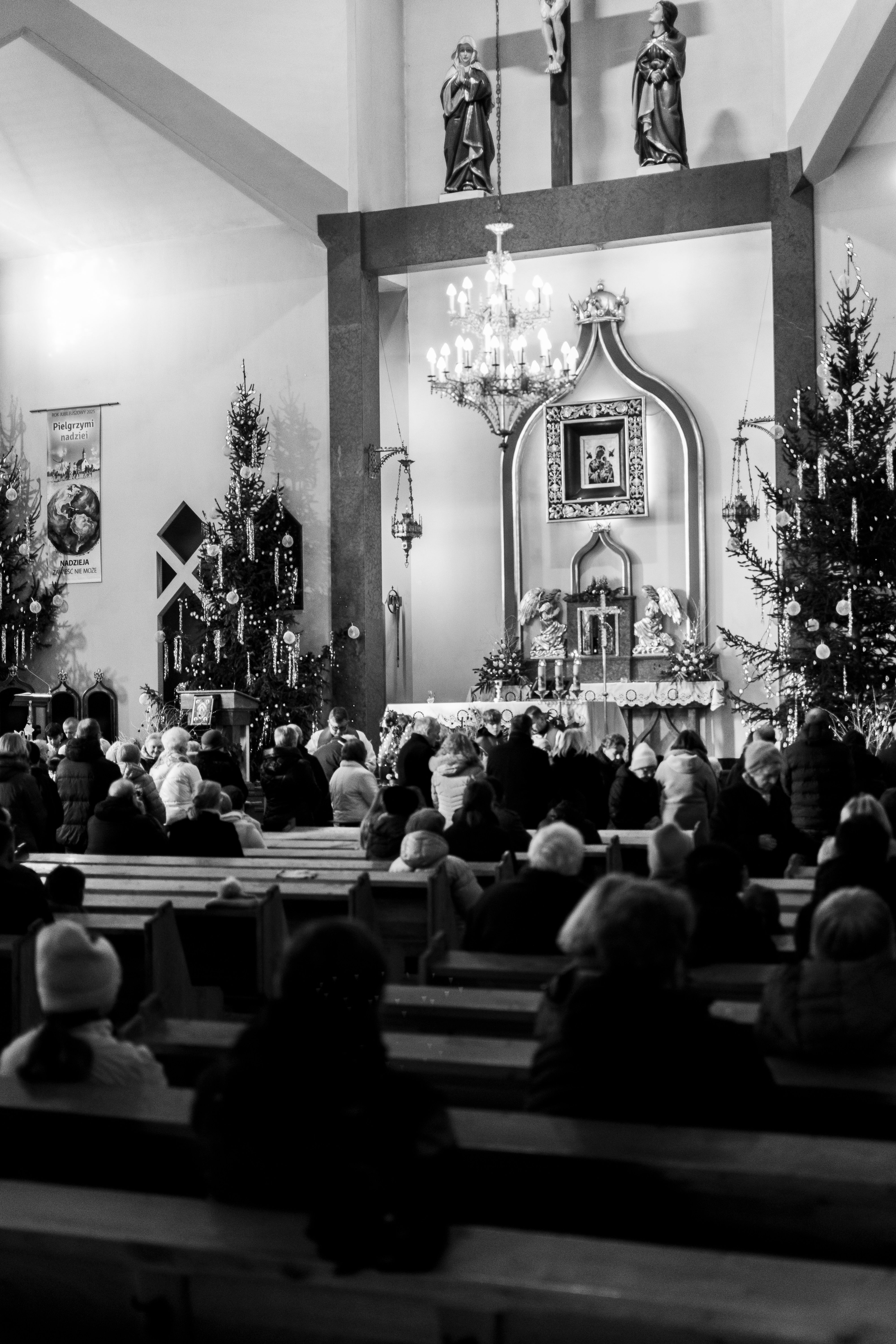 Worshippers gathered for Christmas mass in a historic church in Wrocław, Poland.