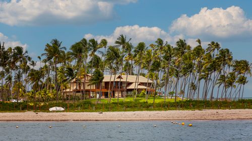 Free A tranquil beach house surrounded by palm trees, perfect for a tropical getaway. Stock Photo