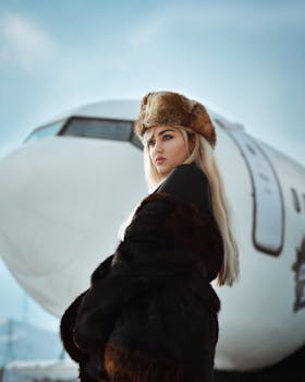 Stylish woman in fur and hat posing near aircraft in winter setting.