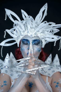 Close up of a fantasy ice queen with intricate snow-themed headpiece and costume.