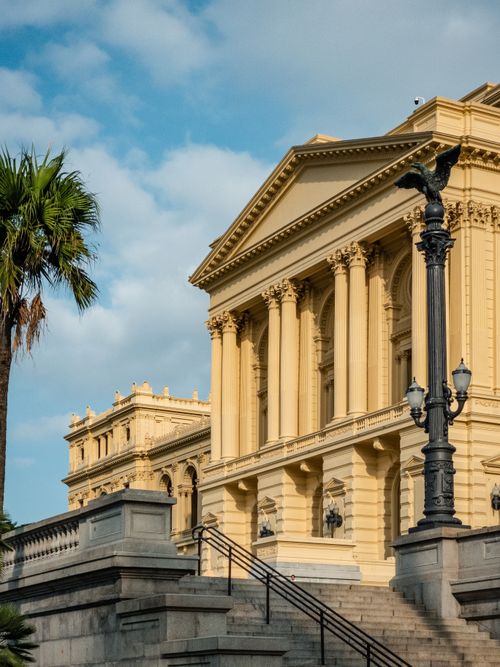 Free Elevated view of São Paulo's iconic historic museum and architecture under a blue sky. Stock Photo