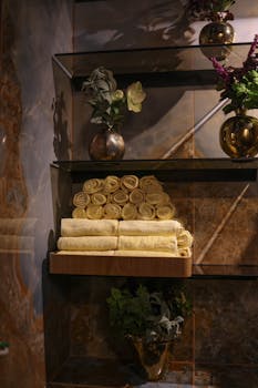 Luxurious bathroom shelf with rolled towels and elegant flower vases.