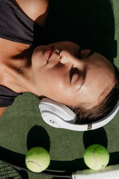 网球场上，一位放松的女人戴着耳机，拿着网球设备