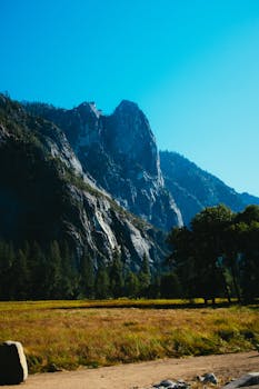 在优胜美地蔚蓝的天空下，山地景观令人惊叹，草地青翠