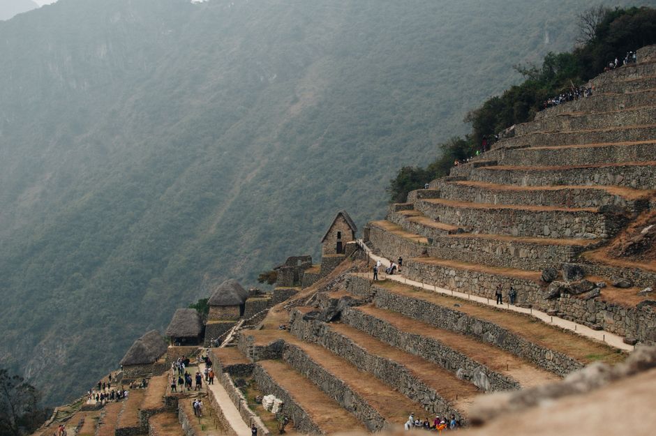Explore the ancient stone terraces of Machu Picchu located in the Andes Mountains of Peru.
