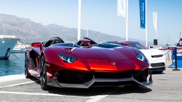 A stunning red supercar parked by the marina with mountains in the background.