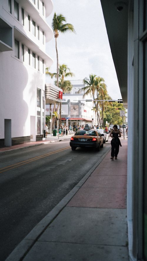 Free A vibrant street scene in South Beach, Miami with palm trees and pedestrians. Stock Photo