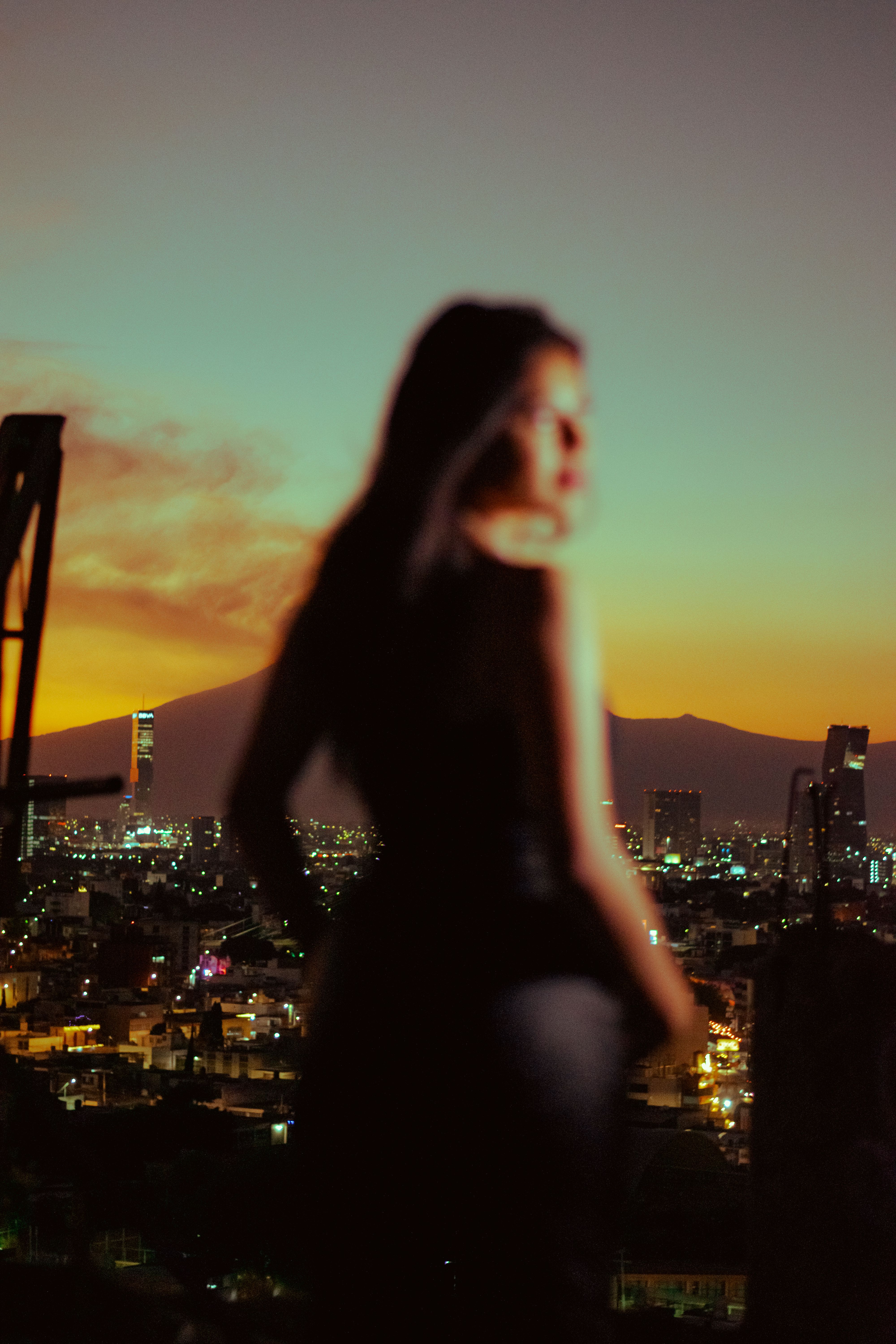 Silhouette of a woman overlooking cityscape at sunset · Free Stock Photo