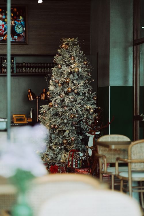 Free Beautifully decorated Christmas tree indoors with presents and warm lighting. Stock Photo