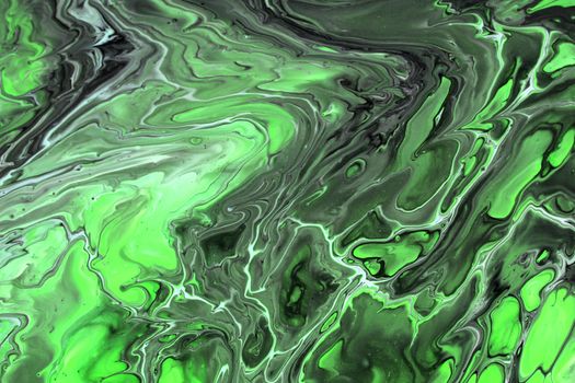 Dynamic abstract fluid art featuring vibrant green and black swirls with a marble texture.