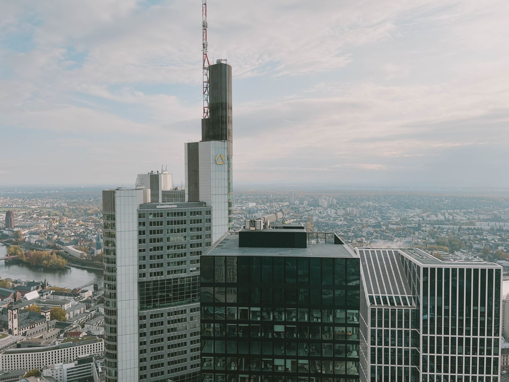 Aerial view of Frankfurt's modern skyline with the River Main