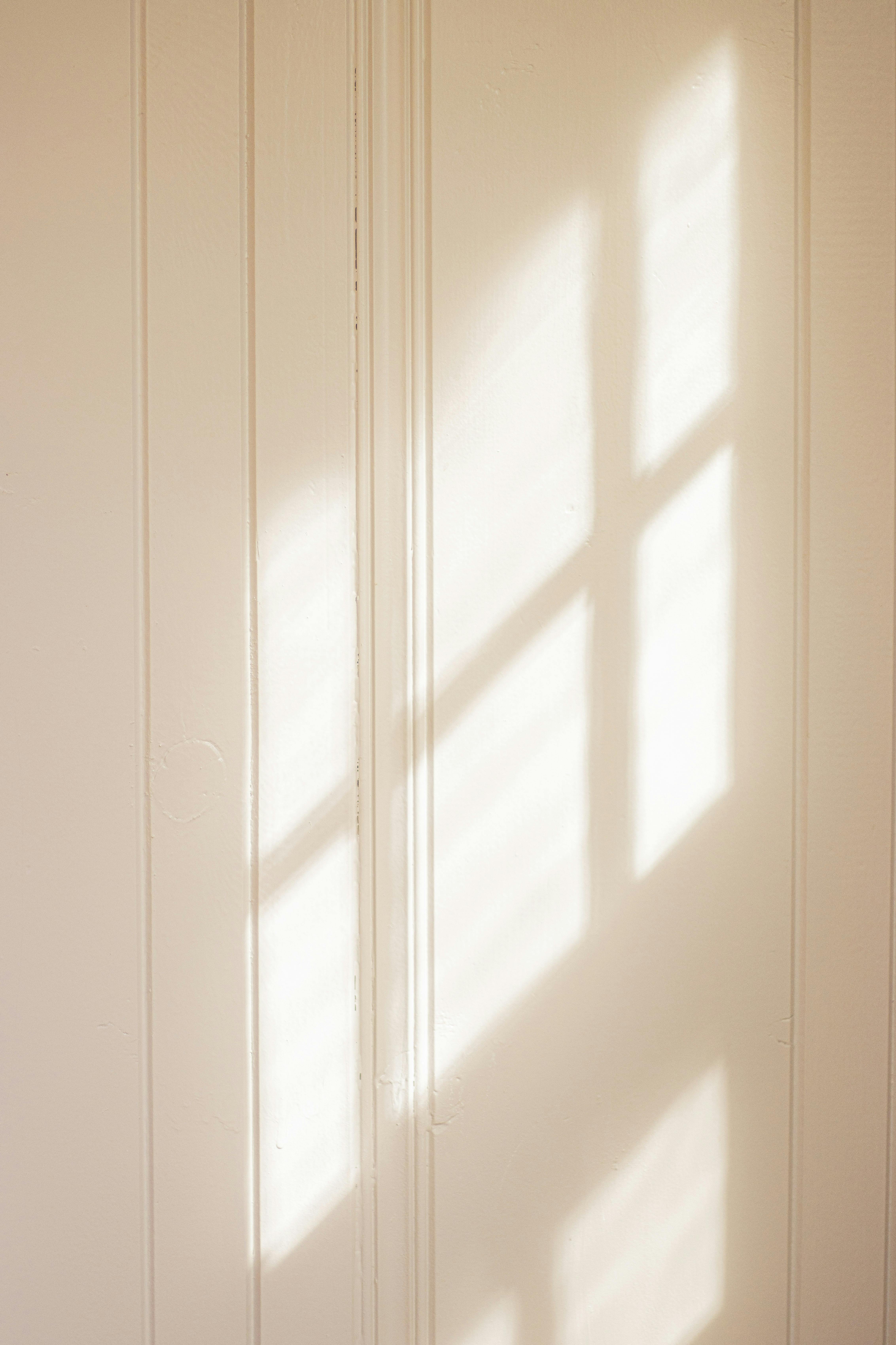 Soft sunlight casts window shadows on a panel wall creating a warm minimalist feel.