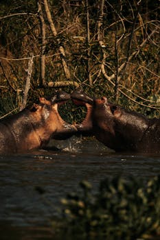 Two hippopotamuses playing in water, depicting wildlife behavior.