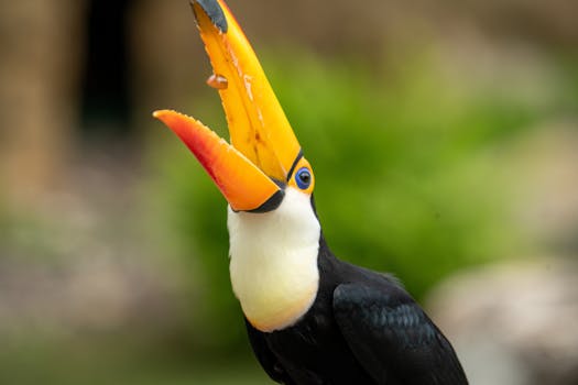 Close-up of a colorful Toco Toucan with open beak in the wild.