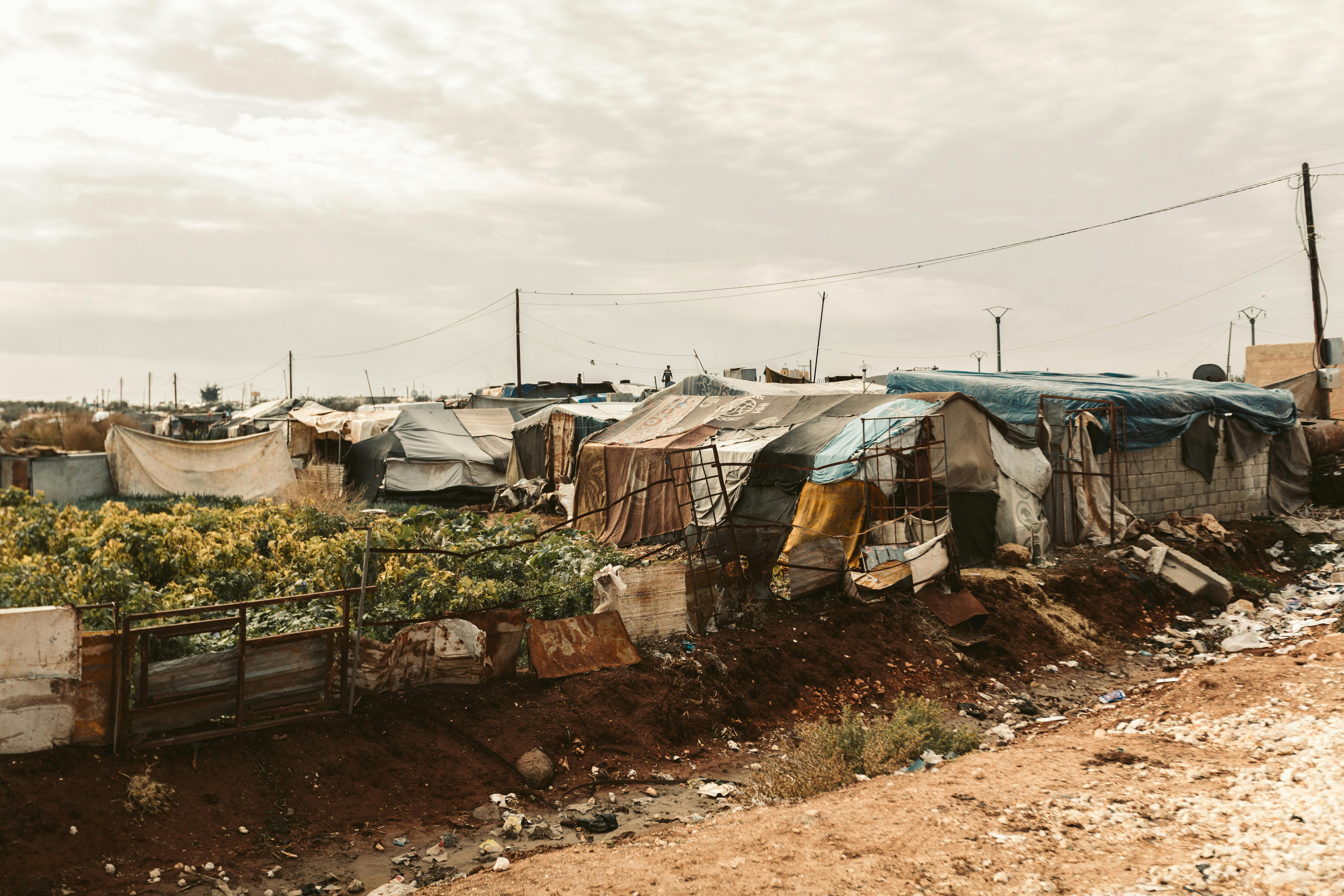Expansive view of provisional shelters in a refugee camp, highlighting the struggle and resilience.