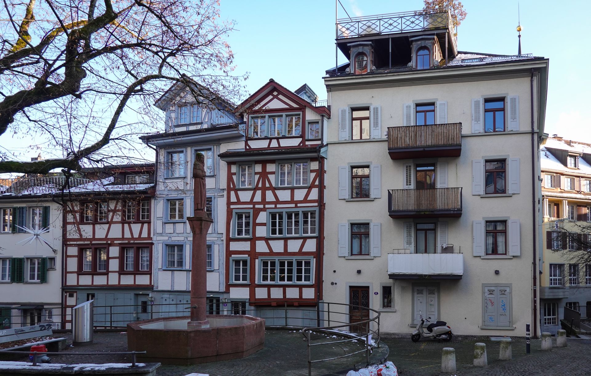 Picturesque Swiss city street with beautiful traditional architecture and a cozy atmosphere.