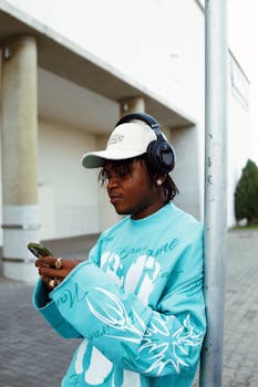 Man in a stylish outfit and headphones using a smartphone outdoors in Abuja, Nigeria.