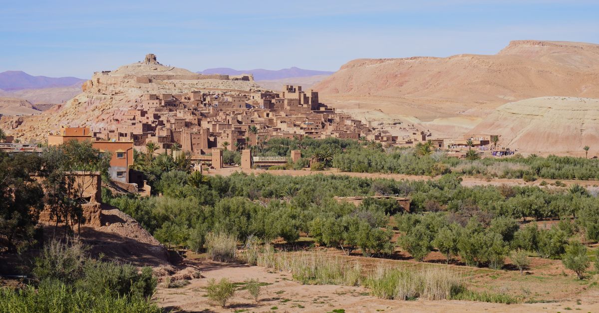 Panoramic view of Ait Ben Haddou kasbah, a UNESCO World Heritage fortified village in Morocco, visited on day one of the 7 days from Marrakech tour