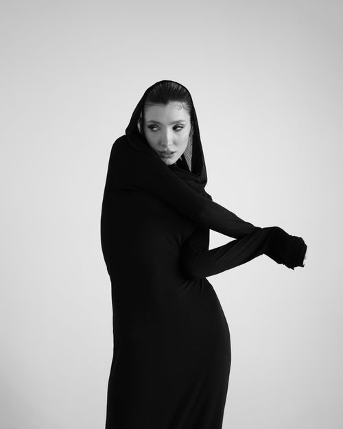 Free Artistic black and white portrait of a woman in a black dress and hood. Stock Photo