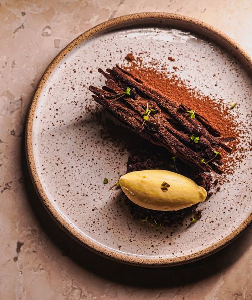 Free Artistic presentation of chocolate dessert and garnish on a rustic ceramic plate. Stock Photo