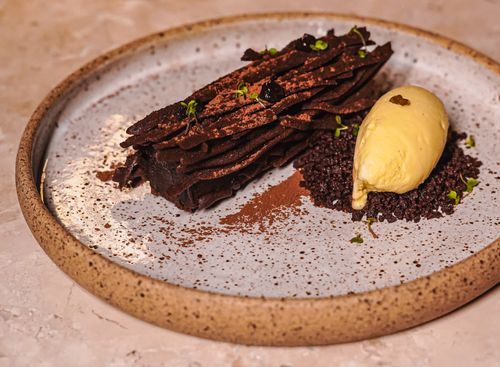 Free Delicious gourmet chocolate dessert with ice cream on a speckled ceramic plate. Stock Photo