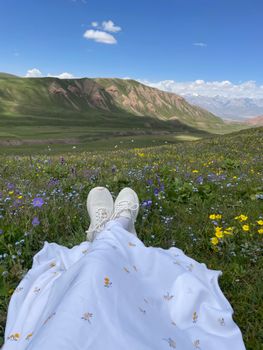 Enjoying a peaceful moment in nature's vibrant mountain meadow.