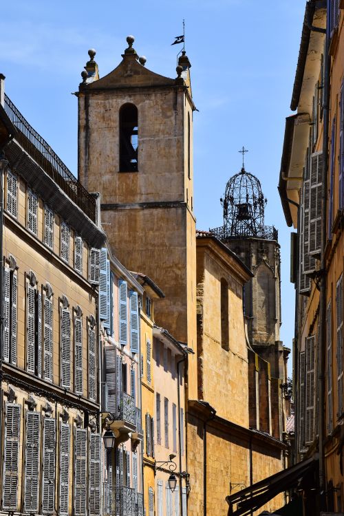 Free Charming view of historic buildings and church tower in Aix-en-Provence, France. Stock Photo