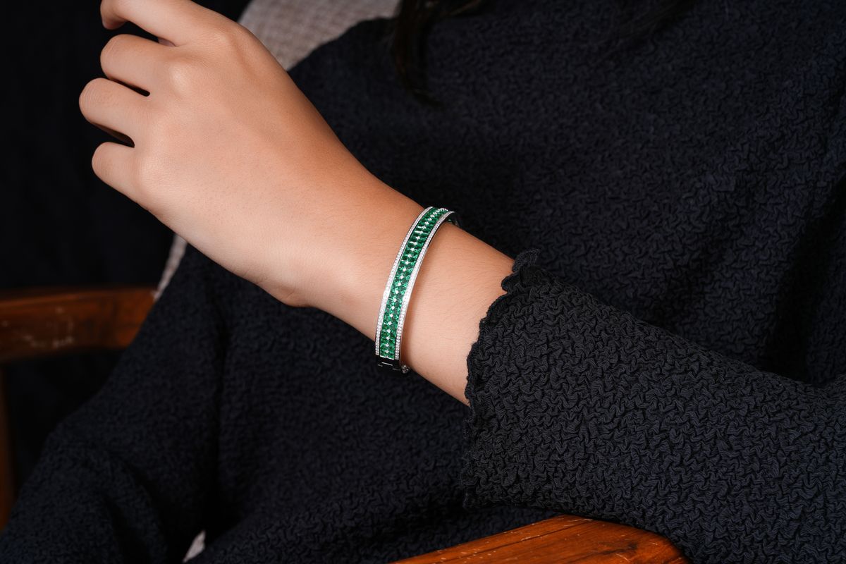 Elegant bracelet shown on a model's wrist to illustrate real-world scale and styling