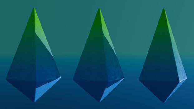 Abstract 3D art featuring triangular pyramid shapes in a gradient of green and blue.