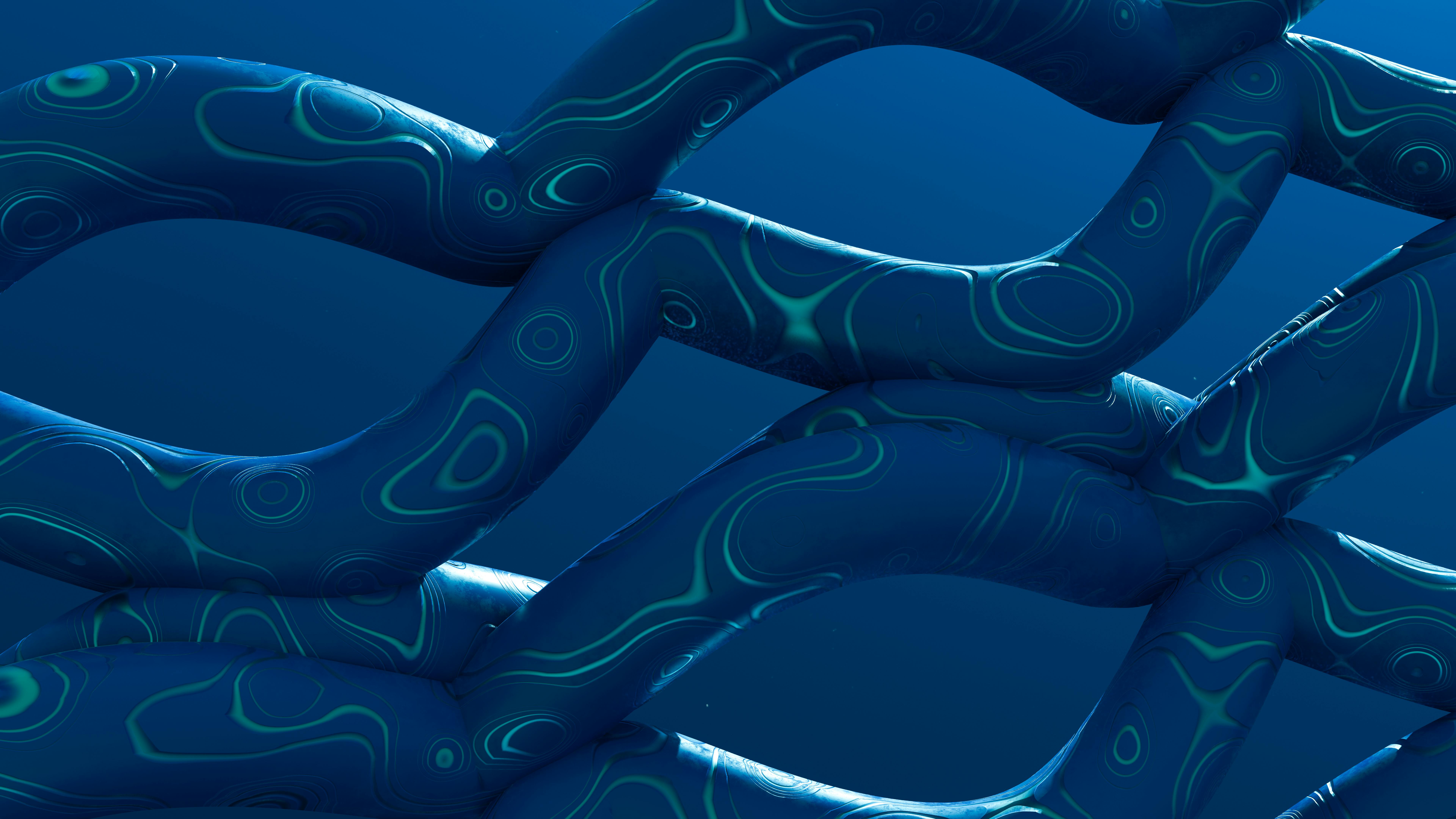 A captivating abstract art piece featuring intertwined 3D shapes on a blue background.