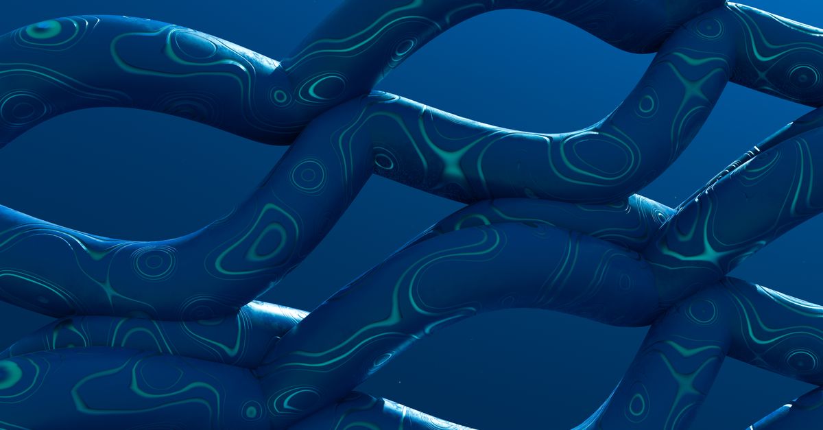 A captivating abstract art piece featuring intertwined 3D shapes on a blue background.