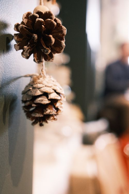 Free Close-up of snow-dusted pine cones hanging on a string indoors, evoking a rustic winter ambiance. Stock Photo