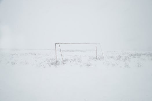 An isolated soccer goal stands in a vast, snow-covered field during winter.