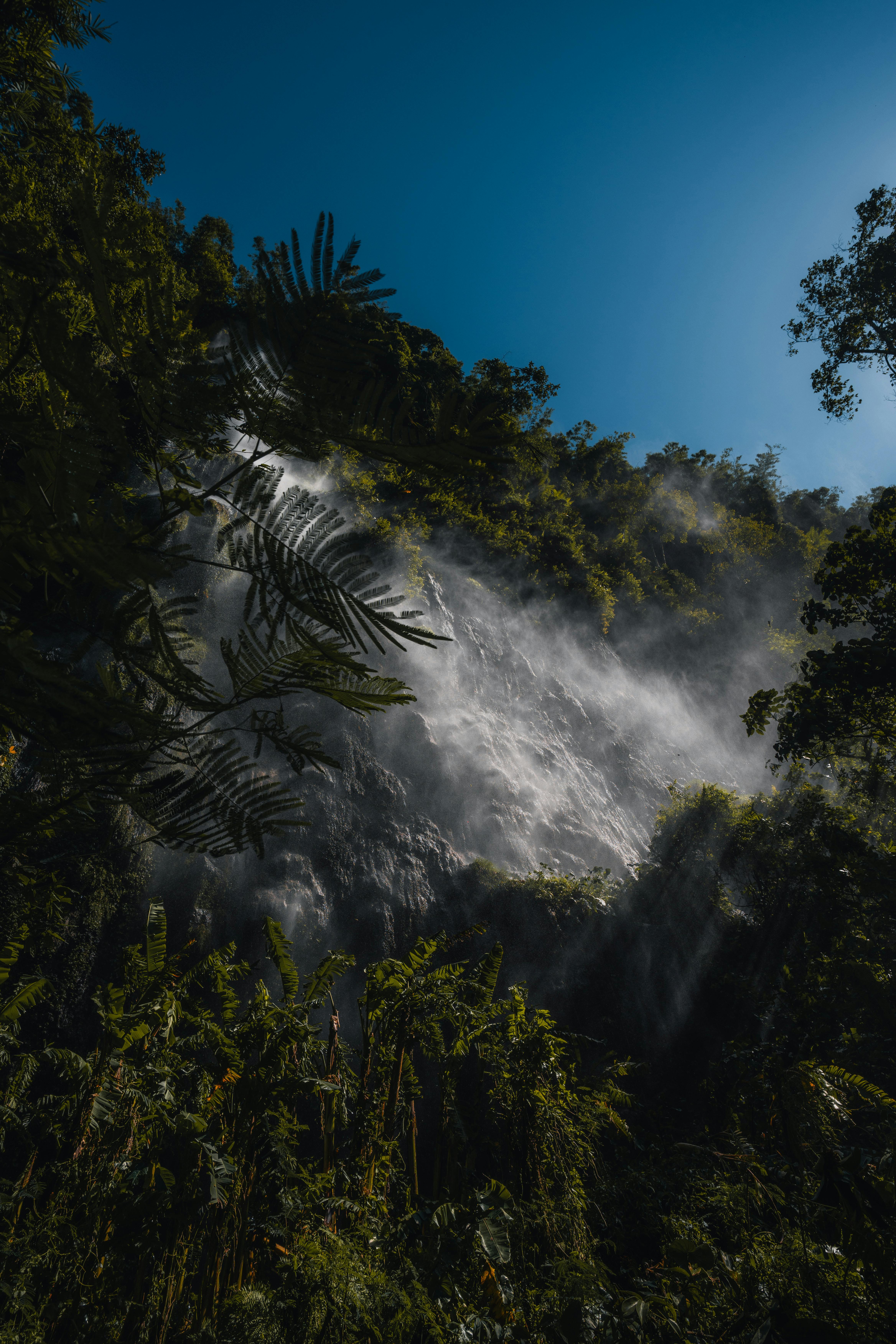 Captivating view of a waterfall cascading through dense greenery in Bali, Indonesia.