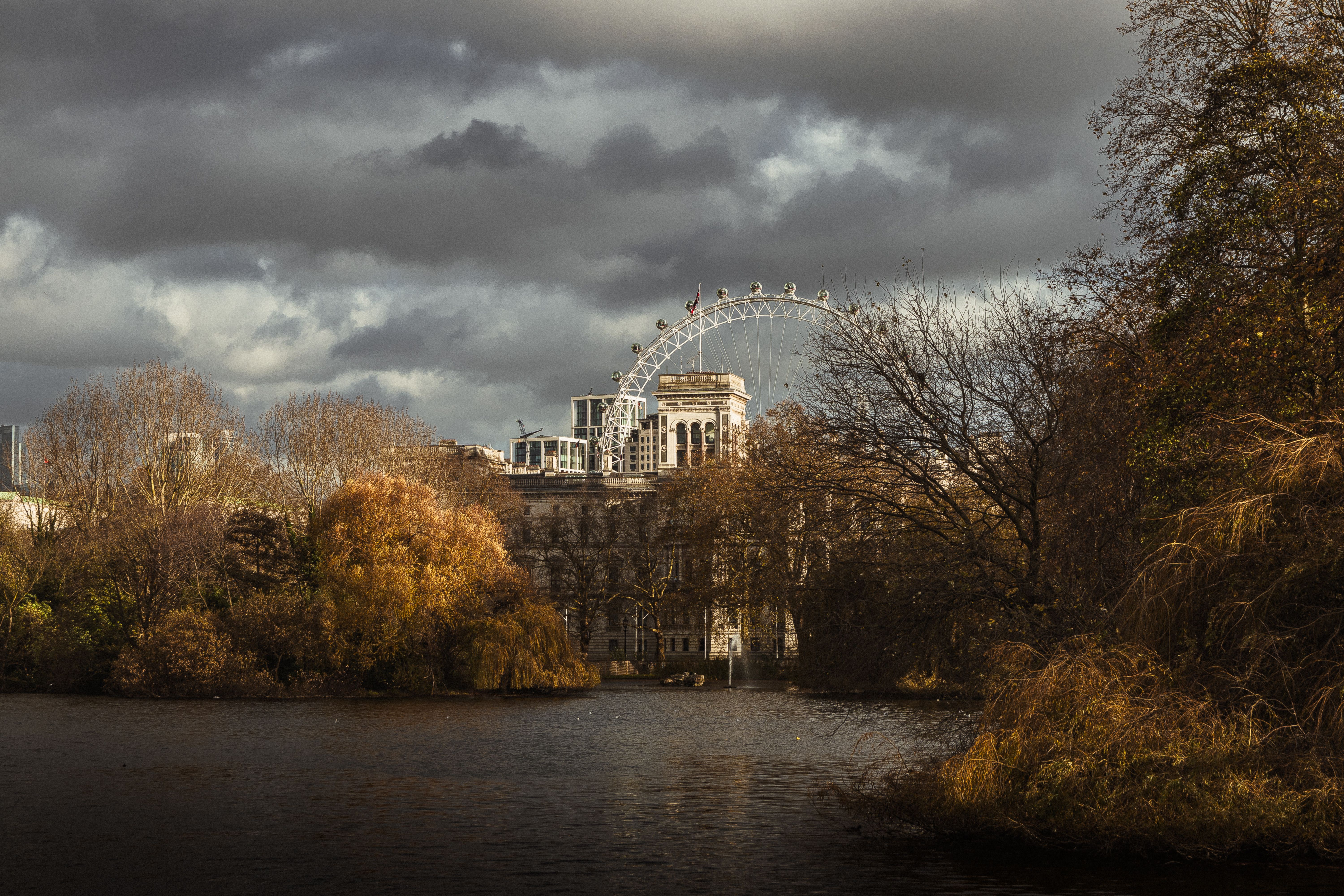 Dramatic autumn view of the London Eye and cityscape under a cloudy sky.