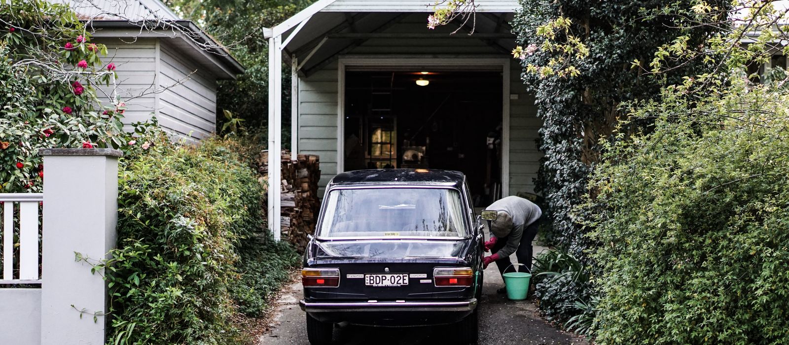 A classic car being cleaned in a driveway under tall trees