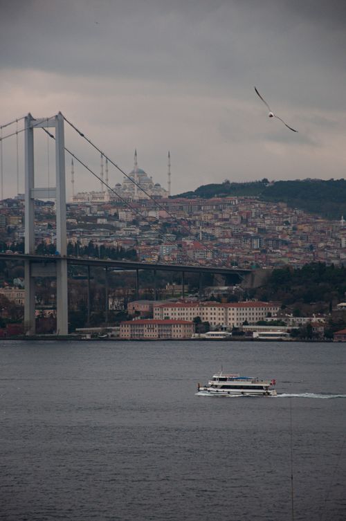 Free Scenic view of the Bosphorus Bridge and Istanbul's historic skyline with a ferry crossing the strait. Stock Photo
