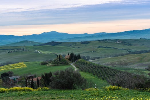 Scenic view of rolling hills and cypress trees in Tuscany, Italy during sunrise.