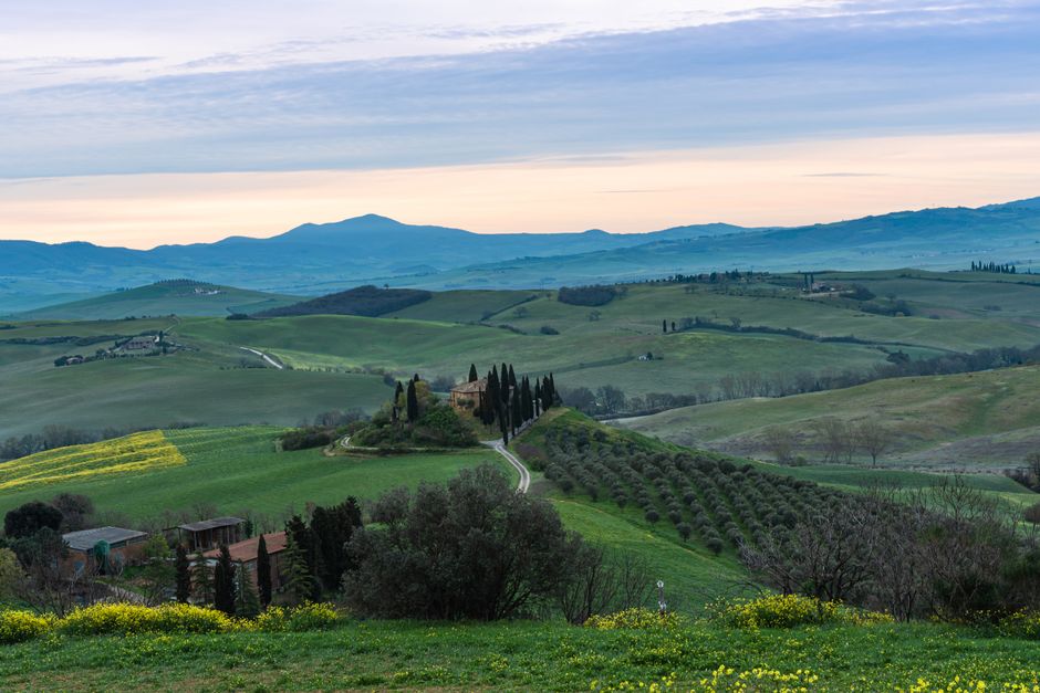 Scenic view of rolling hills and cypress trees in Tuscany, Italy during sunrise.
