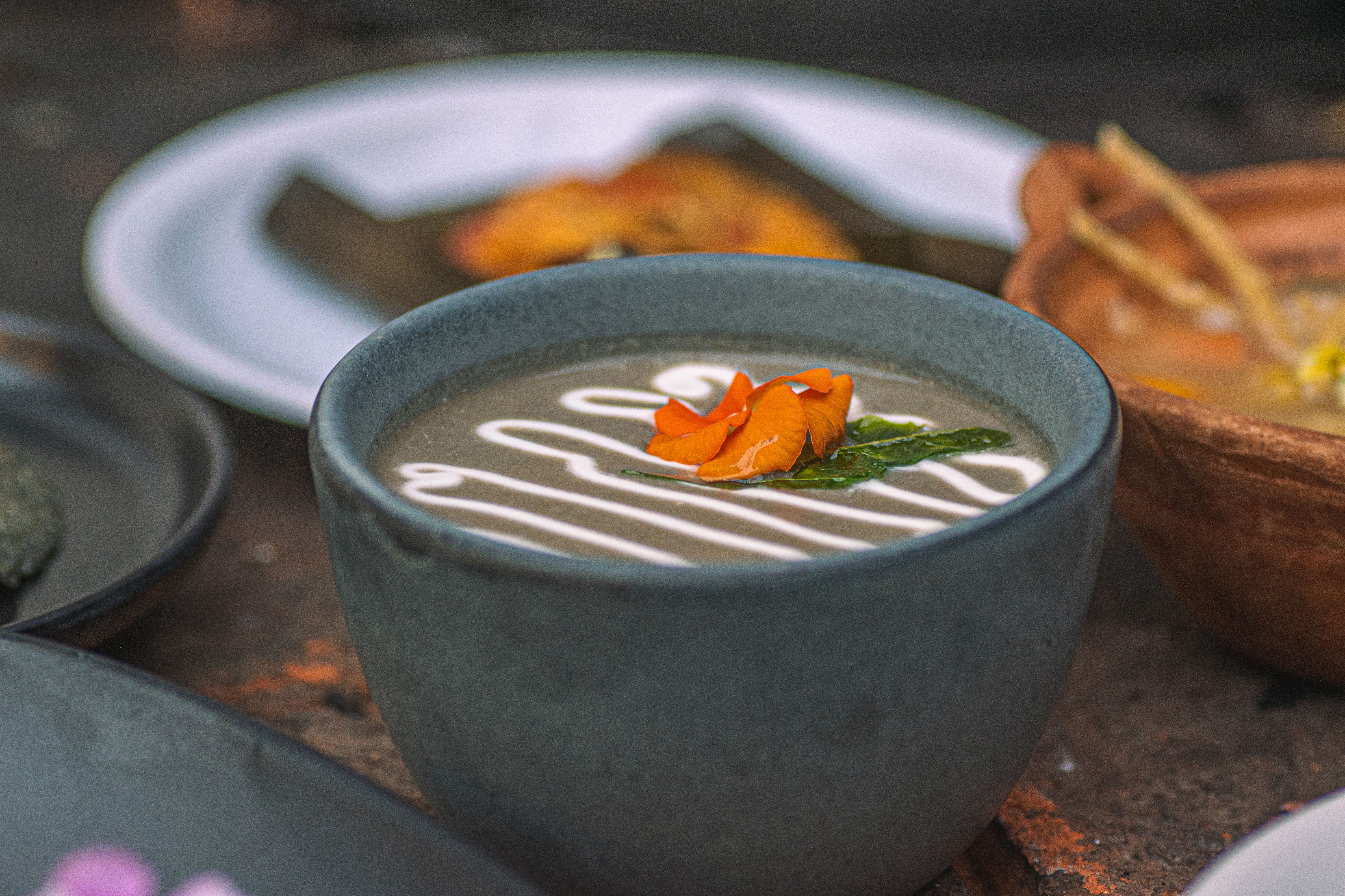 A rich and creamy traditional Mexican soup garnished with fresh herbs and flowers, showcasing authentic flavors.