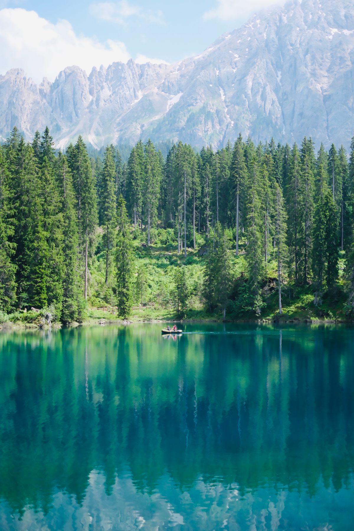 Lake Carezza with mountain backdrop