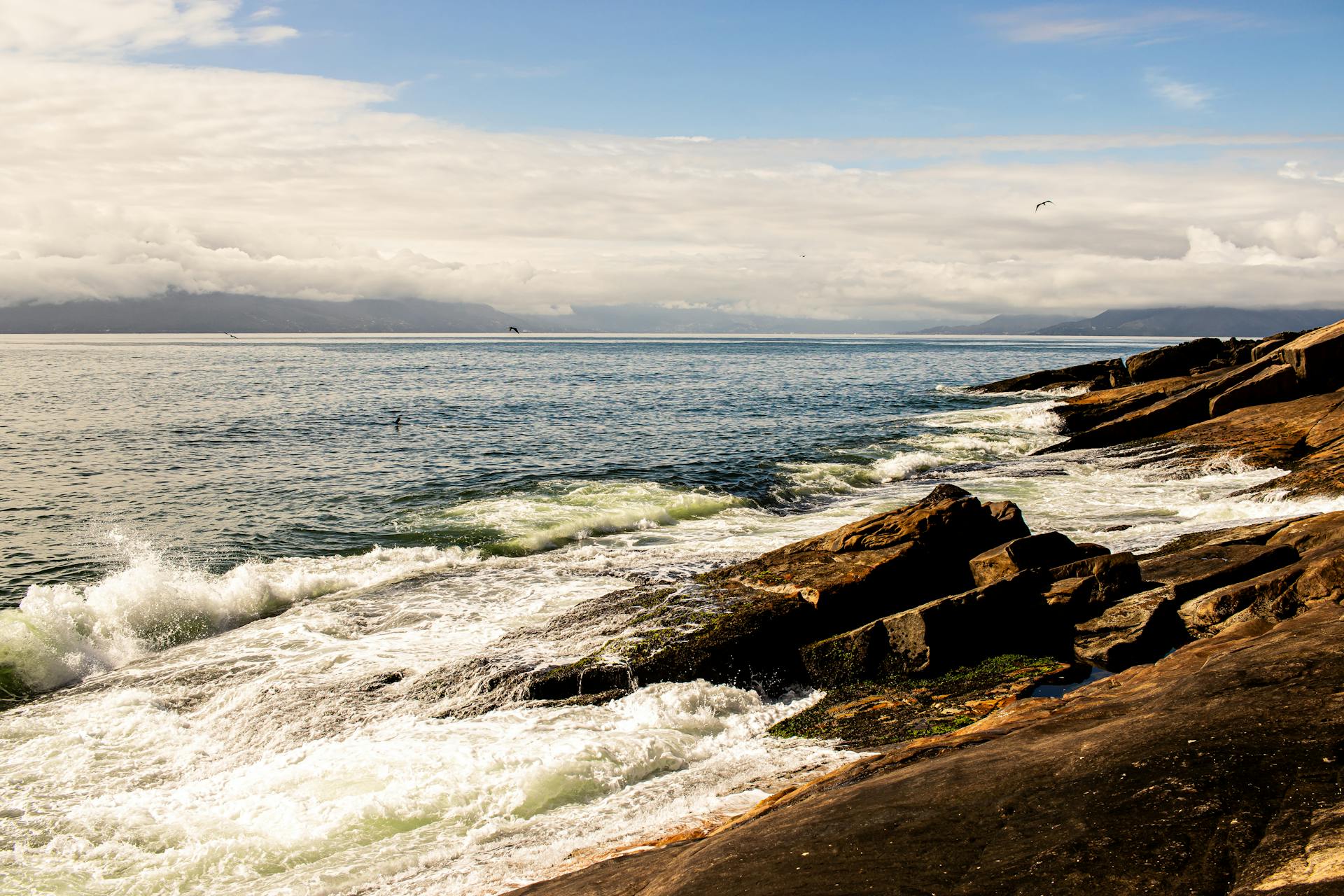 A picturesque rocky seashore with waves crashing under a cloudy sky, illustrating natural beauty.