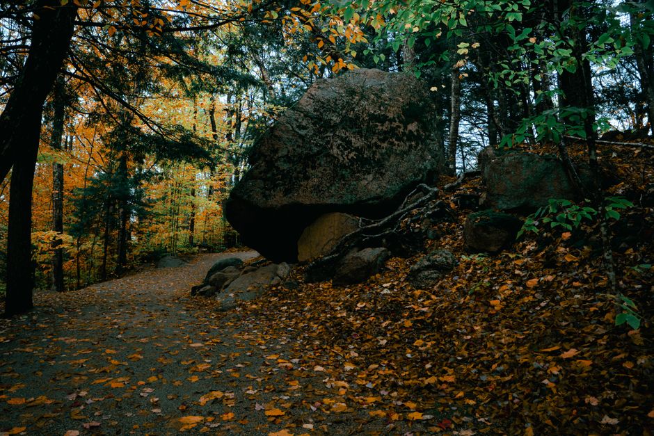 Explore the vibrant autumn colors and rocky paths of Flume Gorge in Lincoln, NH.