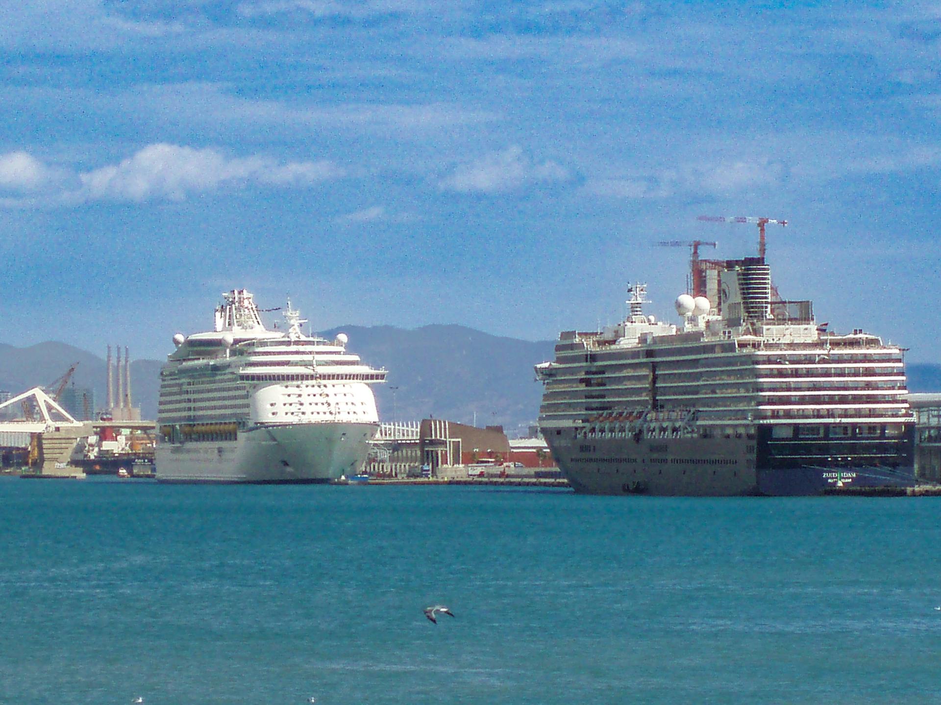 Two large cruise ships docked at an industrial port with mountains in the background.