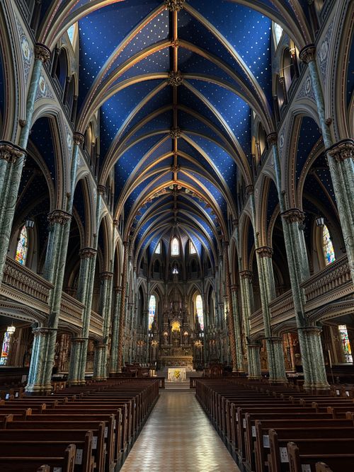 Free Stunning interior of Notre-Dame Basilica, showcasing Gothic Revival architecture in Montreal. Stock Photo