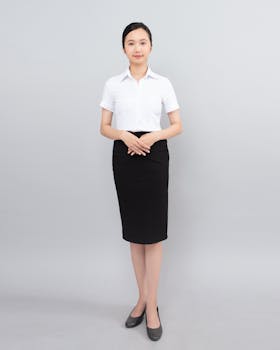 Full-body portrait of a professional woman in business attire against a gray background.